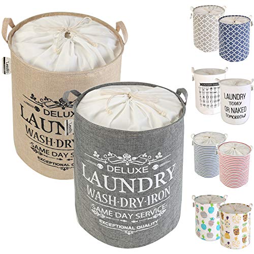 LessMo 2 Cestos para roupa redondos com laço, para armazenamento e organização, dobrável Pop-Up, impermeável, de algodão e linho, 45 cm