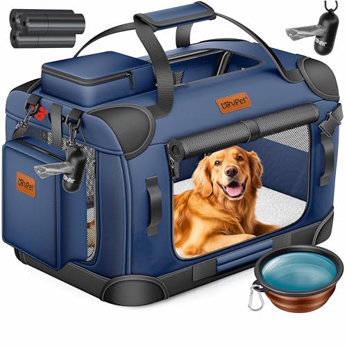 LOVPET® Caixa de transporte para cão e gato, bolsa de transporte, mala dobrável para cão e gato, Incl. Alimentador para cão e mala de ombro, XXXL - 102 x 69 x 69 cm - azul-marinho