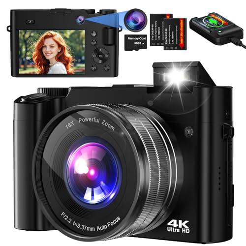 Câmara digital, Bofypoo 64MP Autofocus câmara de fotos com câmaras duplas dianteiras e traseiras 32G, cartão de memória, câmara com fotos digitais com zoom digital 16X para iniciantes (preto)