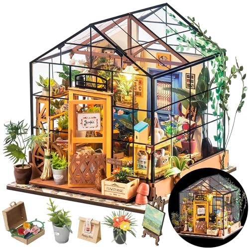 ROWOOD Casa de bonecas em miniatura estufa com luz | DIY Miniature House Maquetas para montar artesanato de madeira | presentes para adultos, mulheres, meninas (Cathy's Flower House)