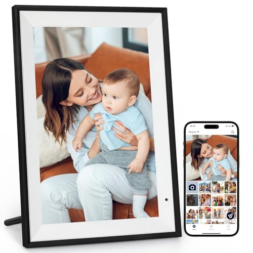 AEEZO 32 GB Moldura de fotos digital Wi-Fi de 10,1 polegadas, ecrã táctil IPS de 1280 x 800, rotação automática, partilhe fotografias e vídeos através da aplicação