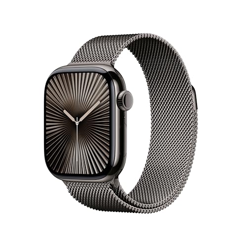 Apple Watch Series 10 GPS Cellular Smartwatch com caixa de titânio quadro de 46 mm e pulseira Milanese Loop ardósia, tamanho M/L. Monitor de treino, ecrã Retina sempre ativo e neutro em carbono