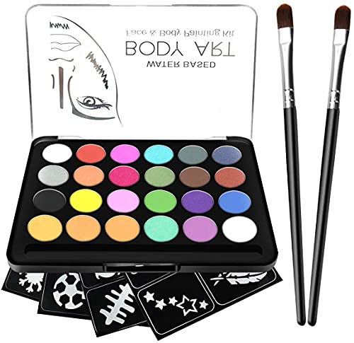RIOGOO Kit de pintura facial para crianças, 32 modelos, 24 pinturas grandes à base de água, 2 pincéis, pintura facial e corporal, seguro e não tóxico, para pintar o rosto da festa de Halloween