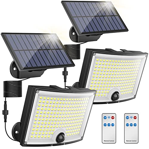 KagoLing 202 LED luzes solares para exteriores com sensor de movimento impermeável IP65, ângulo de iluminação 120°, 2 luzes de parede solar para jardim com cabo de 5 m