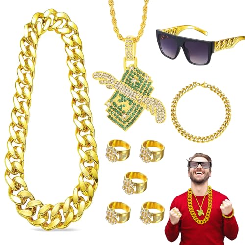 PIXESTT 9 peças disfarces hip-hop kit, disfarce disco dos anos 70 e 80 segundos, colar e óculos para rapper, fato para ápero cor dourada, anel dólar, para festas temáticos de cosplay carnaval.