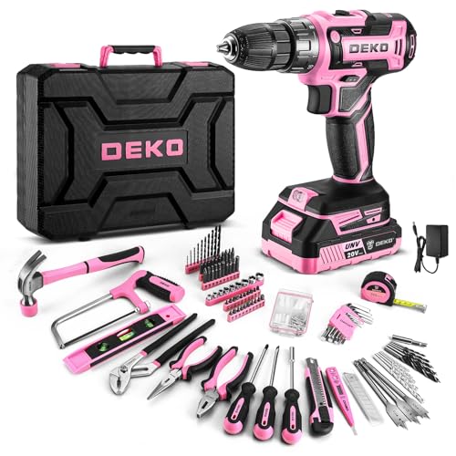 DEKO Caixa de ferramentas completas elétricas 186 peças rosa com 20 V broca elétrica sem corda, 10 mm Chuck sem chave, caixa profissional de ferramentas domésticas de bricolage para escritórios e