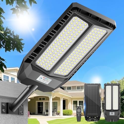 Adewalk Lâmpada solar LED exterior com comando remoto, IP66 impermeável, lâmpada de rua solar com sensor de movimento, 6500 K Super Bright Lâmpadas de jardim solares exteriores para garagem estrada