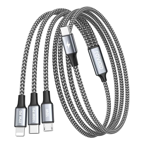 RAVIAD Cabo USB C para cabo múltiplo de carregamento rápido [1,2 m] carregador cabo 3 em 1 com chip E-Mark vários USB C tipo C Lightning cabo micro para iPhone 15/14, Galaxy S24/S23, Pad Pro/Mini,