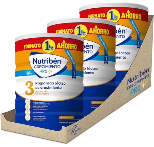 Nutribén Crescimento Pro+ 3 Leite em pó para bebé, leite de fórmula a partir dos 12 meses, sem óleo de palma, com ácido doseador incluído, com 13 vitaminas, 3 frascos de 1 kg
