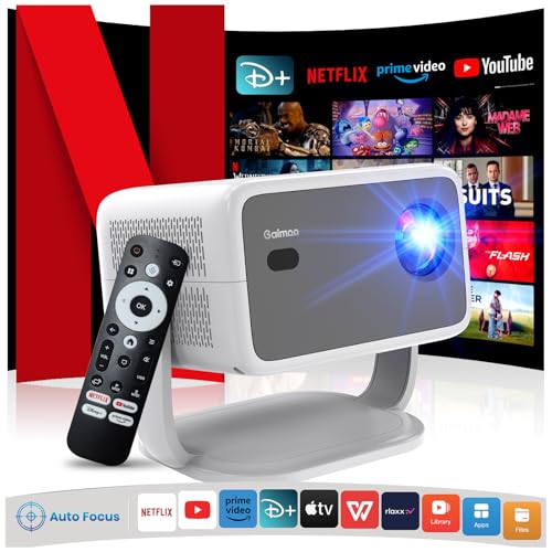 Projetor 4K [Netflix oficial/foco automático/base giratória de 360°] projetor com Wi-Fi e Bluetooth 1080P projetor portátil nativo, One-Click Use Netflix/YouTube/PrimeVideo/D+ Smart Home Out. porta