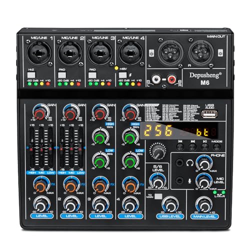 Depusheng M6 DJ Mixer 6 Canal portátil Bluetooth MP3 áudio misturador integrado 256 efeitos digitais interface USB para gravação de computadores Live Streaming Podcasting Karaoke
