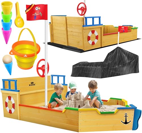 KIDIZ® caixa de areia crianças Ahoi, barco pirata, barco de vela de madeira, inclui cobertura, cobertura de chão, banco, haste de bandeira, azul