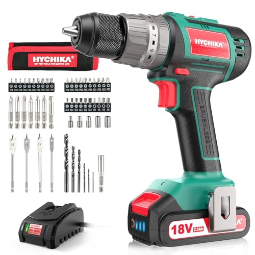Broca parafuso Brushless 18 V, HYCHIKA Broca Percutor, bateria 2,0 Ah com 60 Nm, 53 acessórios, 21 + 3 ajustes, carregador rápido, 2 velocidades, LED para casa bricolage