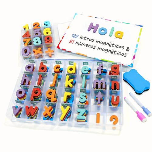 SmartPanda Toys Conjunto completo de letras e números magnéticos para crianças, 182 Letras e 81 números e símbolos, ímanes grossos de espuma para o frigorífico, inclui 2 caixas, quadro magnético, marcador e apagador