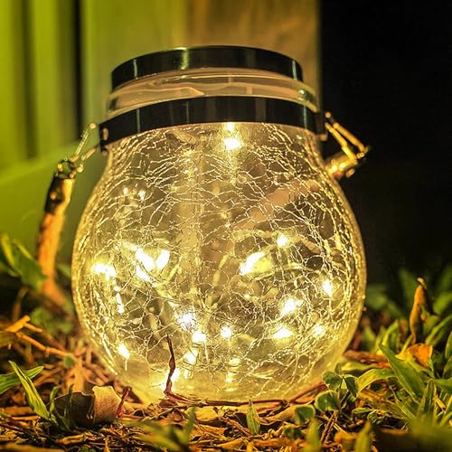 M Ledme - Lanterna solar exterior, luz quente, SphereGlass lanternas solares de vidro craquelado para jardim, luz solar com suporte removível, relva, Natal, 2W, LM8074