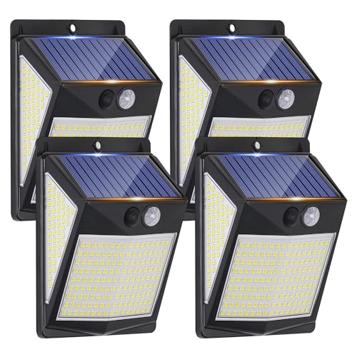 Luzes solares para exteriores, luzes de segurança solares de 238 LED e sensor de movimento de 3 modos, luzes solares de ângulo amplo de 270°, luz de parede solar impermeável IP65 (4 pacotes)