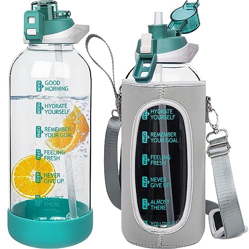 Seekua 2 litros Garrafa de água de vidro grande 2 l garrafa ginásio vidro desportivo com palha e marca de tempo sem bpa