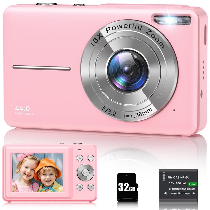 Câmara digital 1080P câmara de fotos 44MP câmara fotográfica digital câmara digital compacta com zoom digital 16X, ecrã LCD de 2,4", cartão de memória de 32G, 1 bateria para crianças, adolescentes
