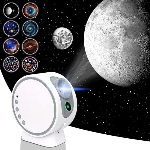 MERTTURM Projetor estrelas, 8 discos de filme HD com lente ajustável, projetor de planetas com altifalante Bluetooth, 12 ruído branco para dormir, ideal para decoração de quarto, presente festival