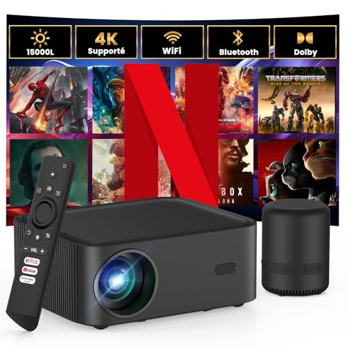 Mini projetor【Netflix oficial/Dolby áudio】com altifalante BT, 15000 L, projetor portátil 4K, suporte Wi-Fi Bluetooth, projetor de cinema 1080P Full HD para Android/iOS/PS5