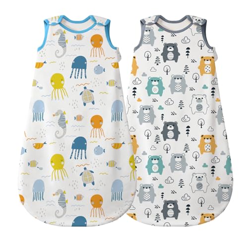 Mosebears Saco de dormir para bebé de verão, animal bonito, manta lavável 0,5 TOG para meninas e meninos, manta portátil sem mangas 2 pacotes