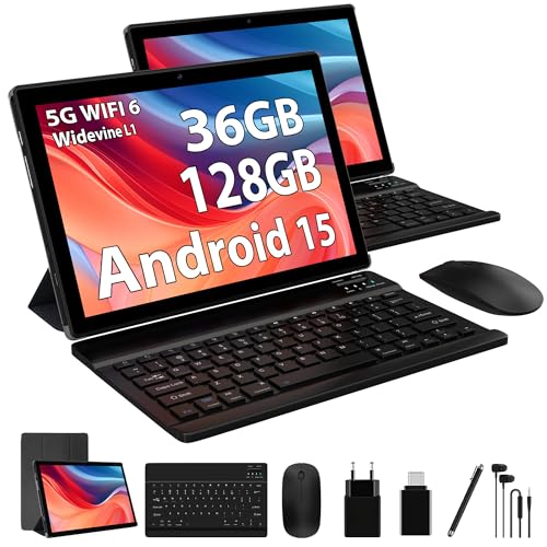 LEVIRTU Tablet de 10 polegadas Android 15 com 36 GB RAM+128 GB ROM (1TB TF), Tablet 5G WiFi 6/ 8000 mAh, WLAN, Widevine L1, tablet com teclado e rato e capa (preto)