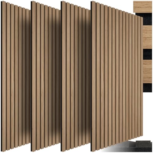 tectake® Painéis acústicos decorativos MDF, chapa de madeira real, excelente acústica, tecido de feltro e madeira, insonorização acústica parede, fitas de madeira, 4 painéis de carvalho claro