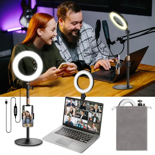Railee Aro de luz com tripé e clipe 6'' Ring Light secretária regulável anel de luz sobremesa com telemóvel suporte para videoconferência portátil monitor computador Zoom Selfie vídeo