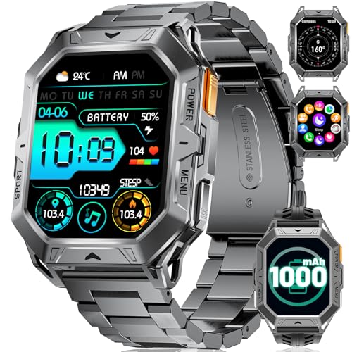 Relógio inteligente militar para homem, 1000 mAh, bateria, bússola, barómetro, 2,13 polegadas, AMOLED smartwatch homem com chamada Bluetooth, frequência cardíaca e sono, 5 ATM impermeável, 100