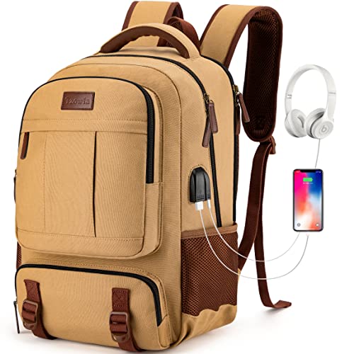 Tzowla Mochila de lona portátil para homem, mala para mulher, mochila de trabalho vintage de viagem para computador portátil de 15-17,3 polegadas, mochila para portátil escolar com porta de