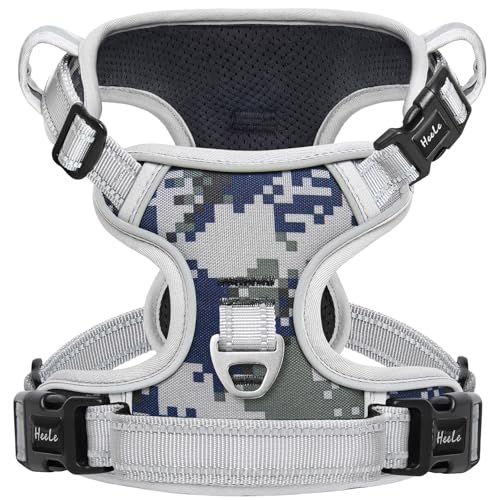 HEELE Arnês cão, arnês antipuxões refletor para cães pequeno ajustável arnês antipuxões com alça acolchoada camuflagem arnês com 3 fivelas de libertação rápida, Camo cinzento, S
