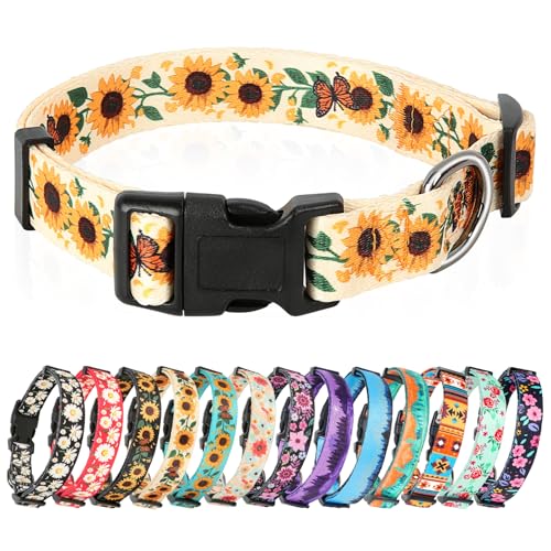 HEELE Coleira para cães com fivela de libertação rápida, confortável, ajustável, padrões bonitos, coleira floral para cão pequeno médio grande, amarelo girassol, M
