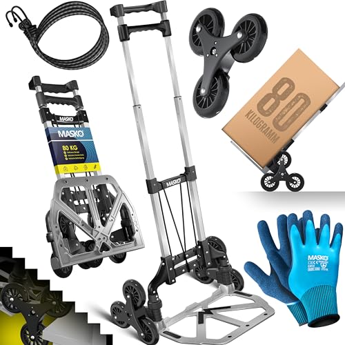 MASKO® Carrinho de escada salva-escadas dobrável 80 kg de capacidade de carga 3 x 3 para escadas. Rodas + 2 cordas de expansão luvas, alça regulável em altura