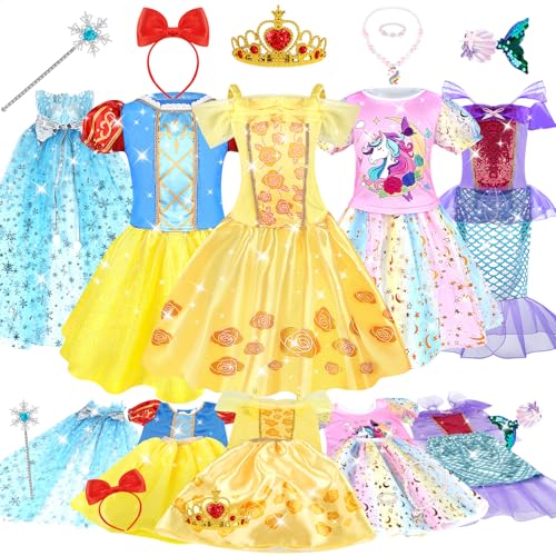 Dreamon Traje princesa menina, vestidos de princesa 5 peças Cetro coroa colar garfo presente de aniversário carnaval para 3 4 5 anos crianças