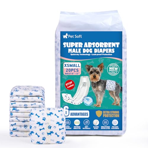 Pet Soft Fraldas descartáveis para cães, 20 unidades, para cães macho, altamente absorventes, com indicador de humidade e à prova de fugas (XS-20 unidades)