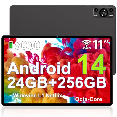 ZIOVO Tablet Android de 11 polegadas, 24 GB RAM + 256 GB ROM (TF 1TB), Octa-Core 2,0 GHz, 5G WiF Tablet, Widevine L1/8000 mAh/13 + 5 MP/GPS/BT5.0/corpo metálico, Tablet tablet com função Da - preto