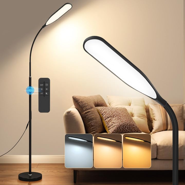 OTREN Candeeiro de pé, 12 W candeeiro de pé LED regulável com controlo tátil e remoto, temporizador 1H, cola de ganso ajustável, candeeiro de leitura para leitura sala de estar quarto escritório