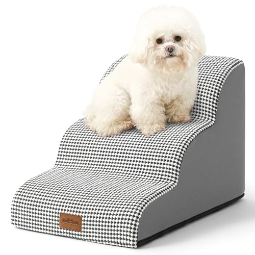 COZY KISS Escada para cães pequenos, escadas para animais de estimação de espuma para cama e sofá, ampa para gatos com capa lavável e fundo antiderrapante, leve, 40 x 57 x 40 cm, 3 pelos, branco preto
