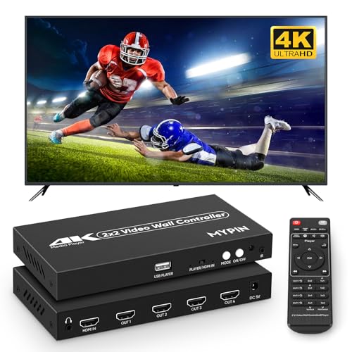 2 x 2 HDMI Video Wall Controller 4 K @ 30 Hz, com reprodutor multimédia, controlador de ecrã de 4 canais com controlo remoto para 4 ecrãs de TV, rotação de 180 graus, 8 modos de união