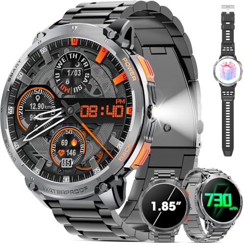 mingwear Militar relógio inteligente homem 1,85" ecrã tátil HD, bateria 730 mAh, lanterna LED, chamadas Bluetooth (Responder/Marcar), Android/iOS, monitor de atividade, resistente (preto obsceno)
