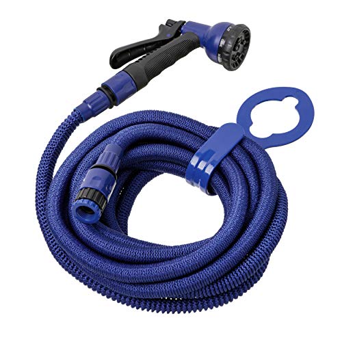Tatay Kit mangueira expansível Superflex de 15 m, leve, pistola de rega de 8 posições, conector universal, torneira de ajuste feminina de 3/4 - 1/2 " e gancho de torneira, azul