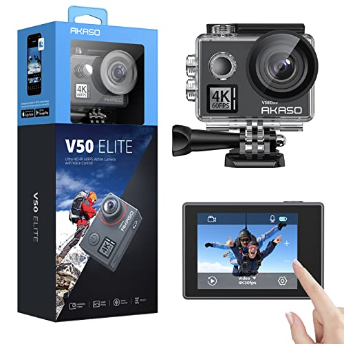 AKASO V50 Elite Câmara desportiva, Wi-Fi, 4 K/60 fps, 20 MP, câmara de ação com ecrã tátil, controlo de voz, câmara aquática impermeável, 40 m, EIS 8X, zoom, controlo remoto, 2 baterias, multiacessórios