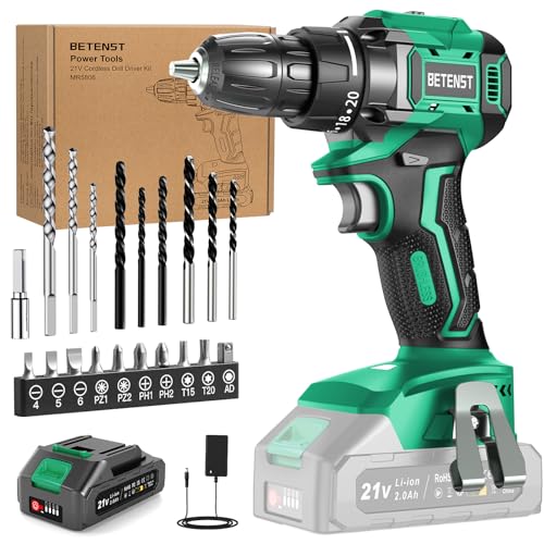 Broca parafuso bateria sem escovas, BETENST parafuso elétrico 21 V com baterias de 2,0 Ah, 45 N.m broca sem fio, 20 ajuste de par, 20 acessórios, 2 velocidades, luz LED para bricolage