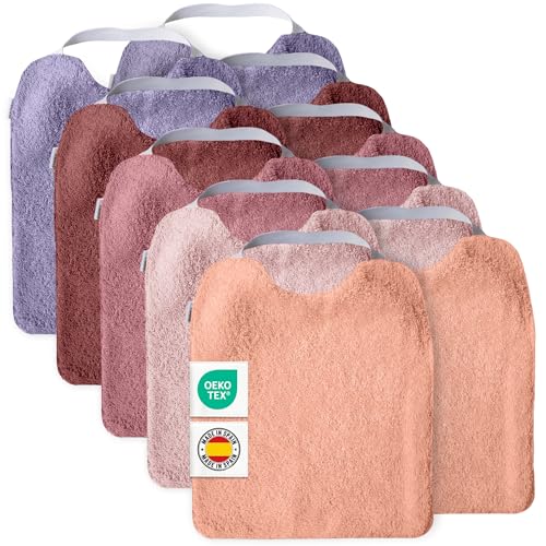 Conjunto de 5 babetes de turco com elástico, para promover a autonomia Laváveis, com interior impermeável e tecido turco de alta qualidade. Babete com gola de borracha. Fabricado em Espanha.