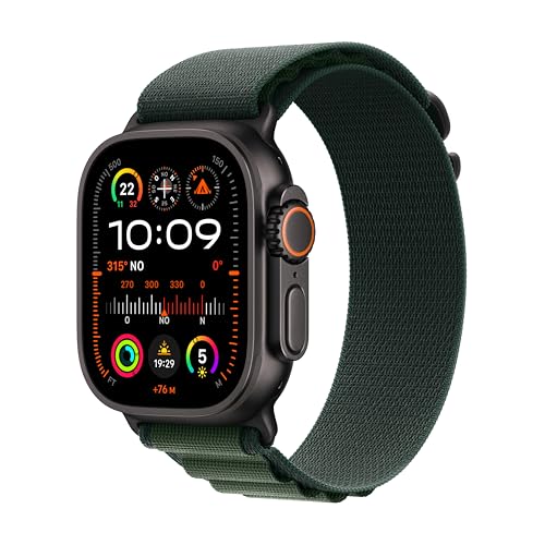Apple Watch Ultra 2 GPS Cellular Smartwatch, relógio desportivo com caixa de titânio preto resistente de 49 mm e correia Loop Alpine verde escuro - tamanho L. monitor de treino e neutro em carbono