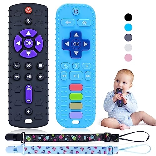 Orzbow 2 peças mordedor bebé, comando brinquedo bebé de silicone com clipe de chupeta e botões pulsáveis, brinquedos macios Montessori bebé 0-6 meses, mordedores bebés 6-12 meses, preto e azul