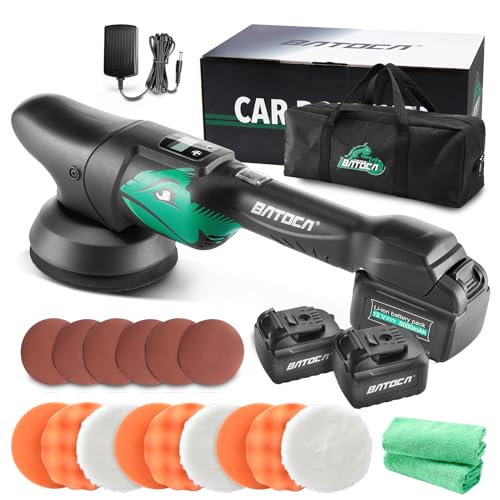BATOCA S2 Polidor de carro bateria, polidor excêntrico/orbital 8 mm, indicador de velocidade LCD, kit portátil polido com 2 5000 mAh baterias, máquina de polir esponja 125 mm, almofada lustradora