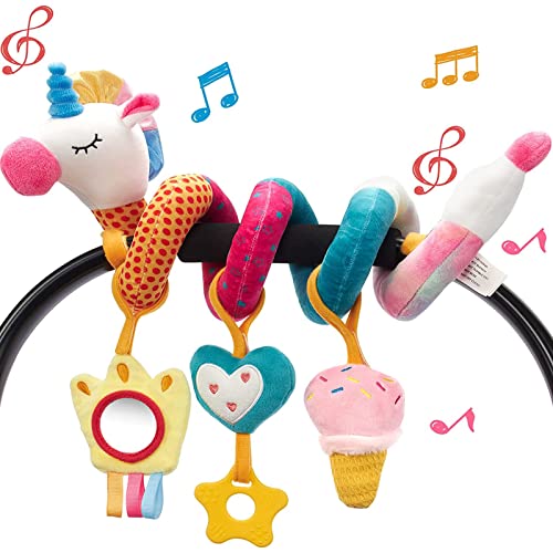 hahaland Pingentes para carrinhos brinquedos bebés 0 3 6 12 meses, espiral atividades brinquedos pendentes com mordedor e chocalho, peluches suaves para bebés meninos e meninas presentes originais