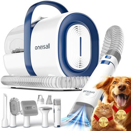 oneisall Corta-pelos cães com aspirador de cabelo, aspiram 99% dos pelos dos animais de estimação, máquina de corte silenciosa para cães e gatos e outras 7 ferramentas de higiene (azul)