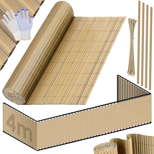 KESSER® Tapete de privacidade PVC cerca protetora para varanda, resistente às intempéries, 160 x 400 cm, camas reforçadas, revestimento de varanda inclui abraçadeiras e cobertura de bambu